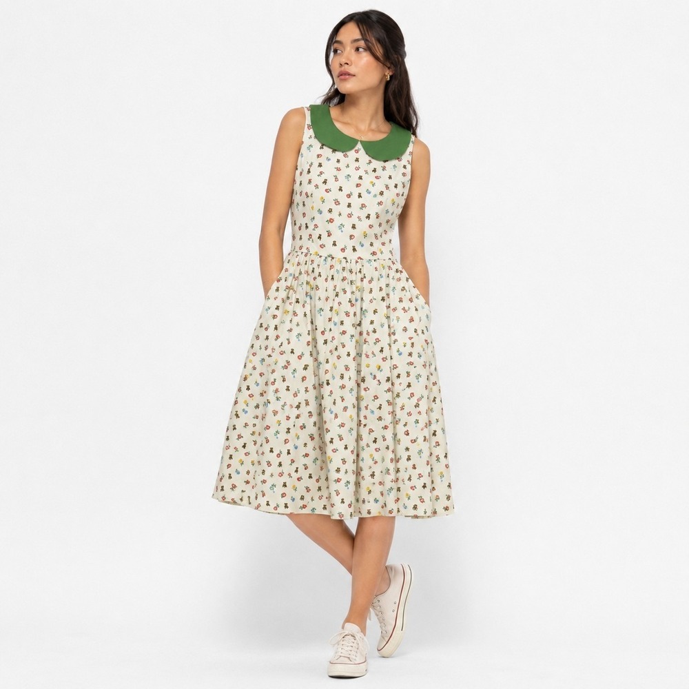 Tulip B Fit & Flare Dress Women's Small Floral & Teddy Bear Peter Pan Collar NWT